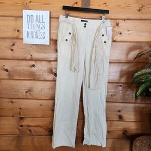 Venus NWT Beige Belted Linen Blend Pants Wide Leg Trousers High Waist Sz 4 X 32"